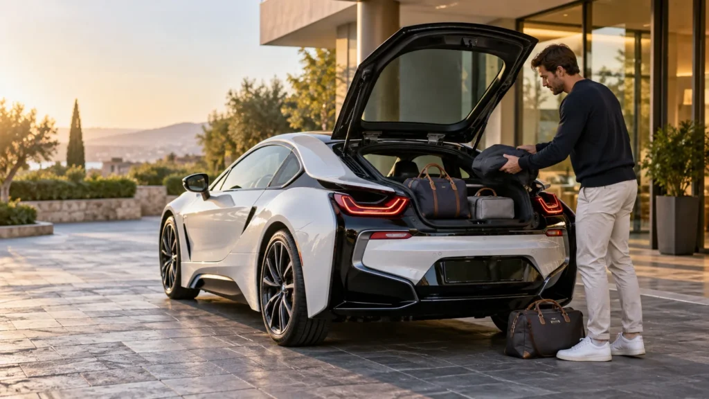 A man loads soft duffel bags into the open rear hatch of a white BMW i8-style sports car outside a modern home at sunset.