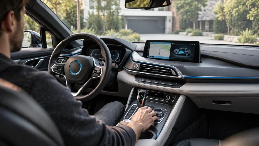 Wide interior view from behind a driver seated in a modern sports car, with one hand on the center-console controller and a dashboard display showing a navigation map and vehicle graphic.