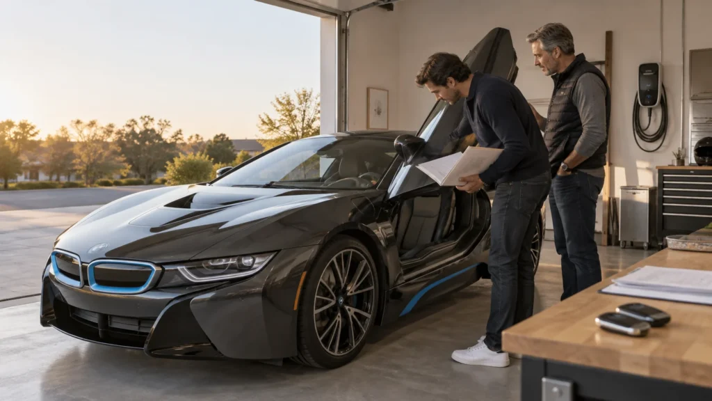 Two men inspect a dark BMW i8 with its driver-side scissor door raised in a sunlit residential garage; one holds paperwork while an EV charger hangs on the wall.